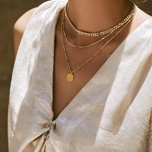 Evabelle Gold Layered Necklace for Women Trendy Jewelry 14K Real Gold Plated Chunky Chain Stackable Necklaces Dainty Choker Necklaces Rectangle Square Pendant - color: Gold Necklace 08