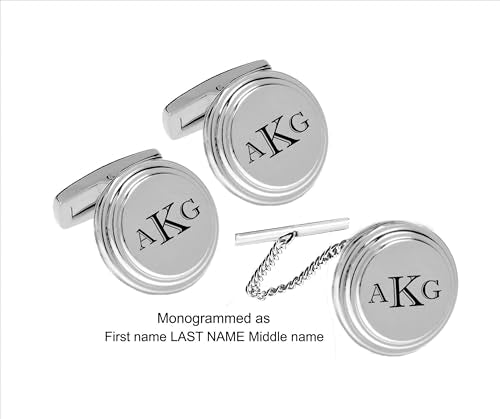 Personalized Silver Beveled Circle Cufflinks & Tie Pin Set Engraved Free - Custom Monogram Tie Tack - Gift For Him -Groomsman Gift, Free Engraving - Ships from USA