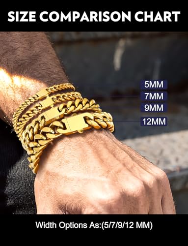 Bandmax Mens Hip Hop Cuban Link Bracelets 5/7/9/12MM Stainless Steel Miami Curb Chain Bracelet Silver/Gold Plated/Black Wristlet Chains for Men 7"-9" - color: 06 7MM-Gold