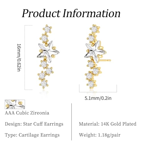 Star 14K Gold Plated Ear Cuff Earrings for Women Non Piercing, Dainty Silver Plated Clip on Cartilage Ear Cuff Non Pierced Trendy CZ Northstar Starburst Sparkling Climber Clawer Earring Jewelry - style: Northstar Stud-Gold