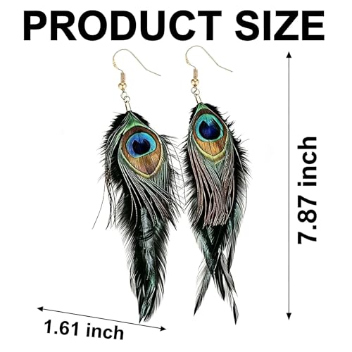 Feather Earrings for Women, Sterling Silver Hook Boho Style Peacock Long Feather Jewelry - color: Peacock Feather-5
