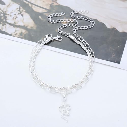 Boho Layered Snake Anklet Bracelet Gold Snake Dangle Ankle Bracelets Chunky Paperclip Chain Anklet Punk Double Layer Anklets Foot Chain Jewelry for Women - color: Silver