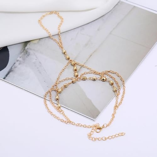 Kokoma Beaded Barefoot Sandal Anklet for Women Multi-Layered Link Tassel Anklet with Toe Ring Wedding Beach Foot Chain Fashion Jewelry - color: Gold