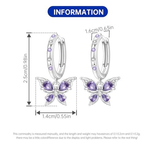 925 Sterling Silver Hoop Earrings Drop Dangle Earrings for Women Hypoallergenic Earring Trendy Huggie Earring Cute Graduation Birthday Gifts Jewelry for Women - color: Butterfly earrings purple gemstones