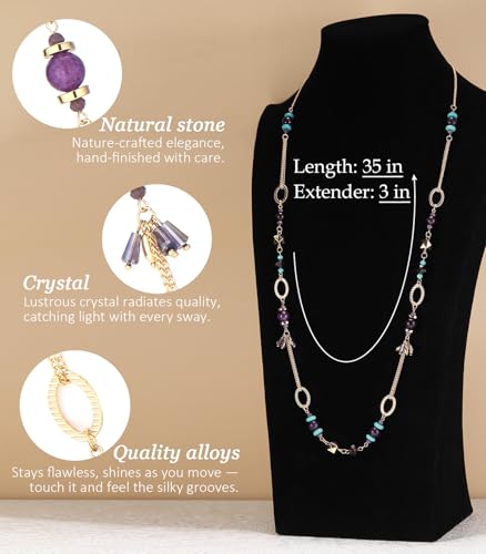 Long Gold Boho Necklaces for Women Beaded Statement Chain Long Necklace Gold Costume Jewelry Birthday Gifts for Her - color: Purple