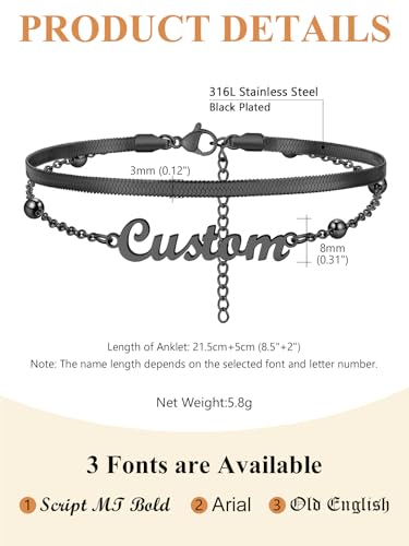 Custom4U Custom Name Anklet Bracelets for Women Waterproof Beaded/Figaro/Cuban/Rope/Wheat Chain Anklet Stackable Gold Plated Non Tarnish Custom Beach Gift Barefoot Summer Jewelry for Her - color: F03-Black Herringbone Chain