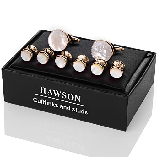 HAWSON Cufflinks and Tuxedo Studs Set for Men with Gift Box, Mother-of-Pearl Cuff links for French Cuff Shirt and Dress Shirt, Suitable for Wedding, Birthday, Party - style: Rose Gold & Beige