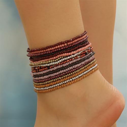 18Pcs Boho Stackable Beaded Bracelets for Women Colorful Handmade Multilayered Rice Beads Anklets Set Summer Beach Bohemian Jewelry Gift - color: Style 1 Brown