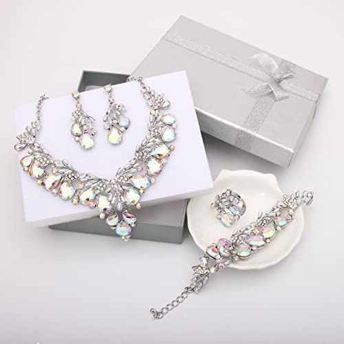Jewelry Set for Women, Statement Necklace Dangle Earrings Bracelet Ring, White/KC Gold Plated Jewelry Set with Rhinestone Pearl Crystal Wedding Party Jewelry for Bridal Bridesmaid - color: AB Crystal-Platinum Plated
