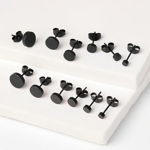 Hypoallergenic Black Stud Earrings for Men Women: 6 Pairs Flat Back Stainless Steel Cartilage Piercing Ear Tunnel 5mm-10mm - style: 6 Pairs-Black-(3-8mm)