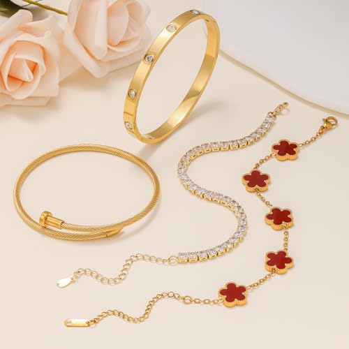 Gold Bracelets for Women, 18K Gold Plated Women Tennis Bracelets Clover Nail Love Bangle Bracelet Set, Gold Bracelet Stackable Set Trendy Jewelry, Gifts for Women's Day and Mother's Day - color: 05-Color-red