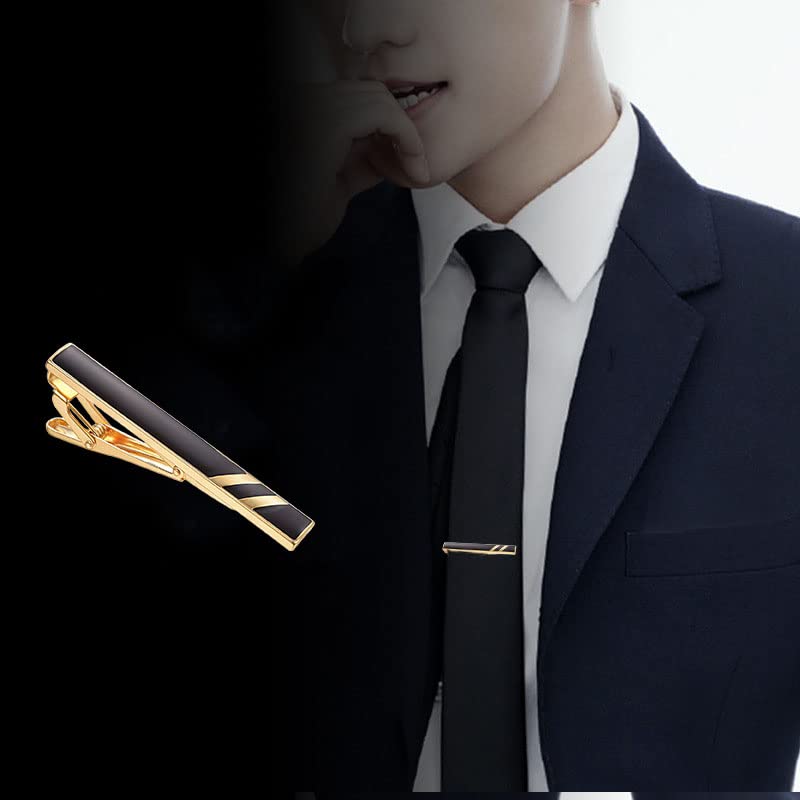 Skinny Tie Clip Navy Blue Black And Gold Tie Clips For Men Unique | Gold Tie Clip Silver Tie Bars For Mens Tie Clip Stainless Steel Elegant Tie Clips Black And Gold Tie Pin - color: Gold