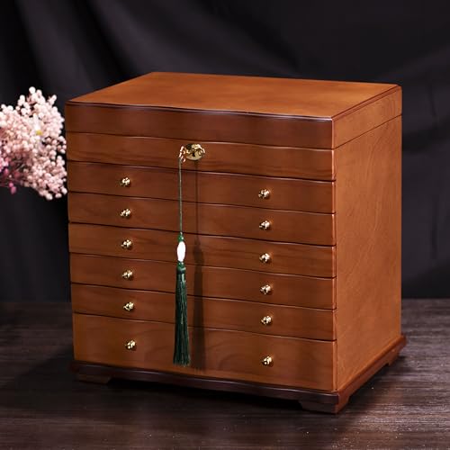 Solid Wood Jewelry Box w/Lock, 9-Layer Large Storage Organizer | Wooden Jewelry Cabinet for Women, 100+Compartments Armoire, Velvet Lining Drawers, Wavy Curved Glossy Brown Rustic Gift - style: Rustic