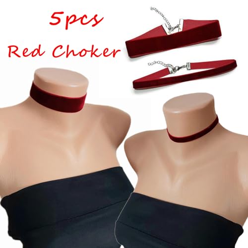 Ronglry 3pcs Black Choker Necklace for Women Black Velvet Choker Set Layered Black Choker Necklaces Classic Chokers for Women Adjustable Gothic Lace Black Collar Necklace for Party Cosplay Christmas Birthday Jewelry Gifts - color: Red 5pcs