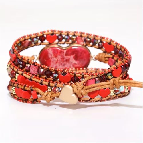 Women Wrap Bracelet Boho Natural Jasper Crystal Stone Beads Strand Bracelets - color: Style 17-Red Heart