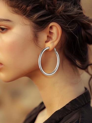 FindChic Hoop Earrings for Women, Silver/Black/14K Gold Plated Hypoallergenic Hollow Round Tube Loop Earrings, 20mm/30mm/40mm/60mm/80mm Chunky Hoops with Custom Name Options & Gift Box - color: b.Silver, size: 60MM