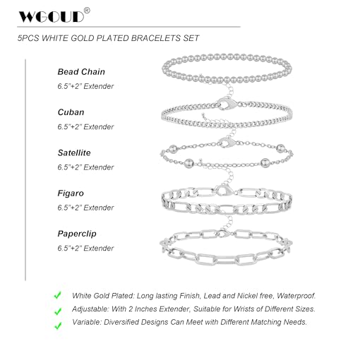 Wgoud Waterproof Gold Bracelets for Women Trendy, Dainty 14K Real Gold Plated Fashion Stackable Bracelet Sets for Women Thin Cuban Link Paperclip Chain Bracelets Layered Gold Jewelry Sets Gifts for Womens - color: 5Pcs Silver Bracelet