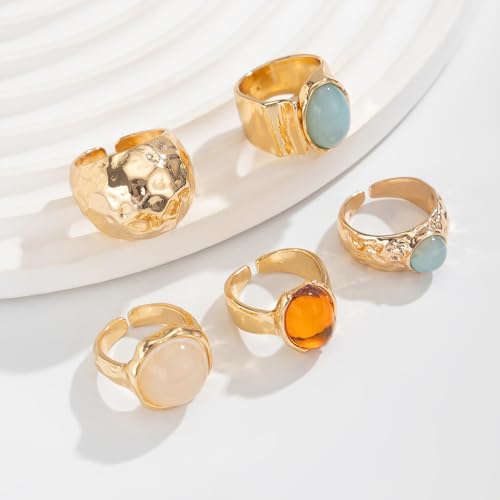 Chunky Rings for Women Stackable Vintage Adjustable Rings for Women Gold Statement Stone Ring Set Non Tarnish Vintage Jewelry - style: Gold 4