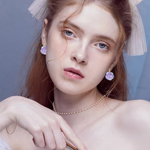 Handmade Bohemian Aesthetic Dainty Acrylic Flower Petal Leverback Earrings Sparkly 14K Gold Floral Dangle Drop Earrings for Women - color: Purple