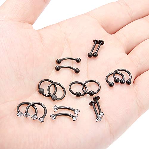 Lcolyoli 8 Pairs Stainless Steel Tragus Earring Clear Diamond CZ Forward Helix Hoop Cartilage Earring Studs Eyebrow Barbell Lip Labret Rings Body Piercing Jewelry Kit for Women Men - color: 16g/16pcs/black