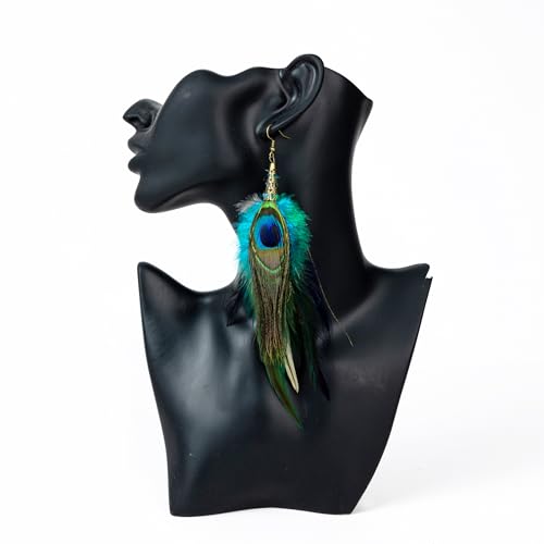 Bohemian Pheasant Peacock Long Feathers Statement Earrings Handmade Natural Lightweight Feather Dangle Earrings for Women (ea000071) - color: Peacock Blue 2