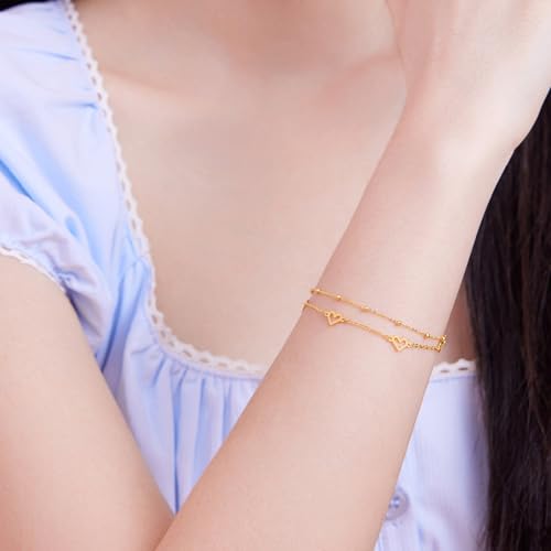 ZHOU LIU FU 18K Yellow Gold Charm Bracelet Hollow Heart Star Butterfly Charms Delicate Double Chain Bracelets Adjustable Cute Jewelry for Women Her Mom Daughter Birthday Anniversary 16+3cm/6.3-7.5" - style: Heart