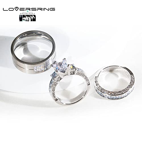 Couple Ring Bridal Set His Hers White Gold Plated CZ Stainless Steel Wedding Ring Band Set - color: White, size: women's size 6& men s size 10