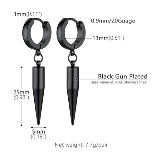 PROSTEEL Stainless Steel Huggie Hoop Earrings for Mens Gold/Black/Silver | Skull/Infinity Pattern, Spike/Cuban Links 4 Design Options Hypoallergenic Lightweight Earring Hip Hop Punk Gothic Jewelry - style: 09-Spike Dangle-Black