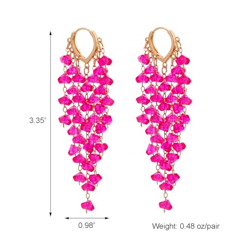 Fringe Hoop Dangle Earrings, Long Beads Tassel Chain Earrings for Women Sparkly Chandelier Earrings - color: Hot Pink