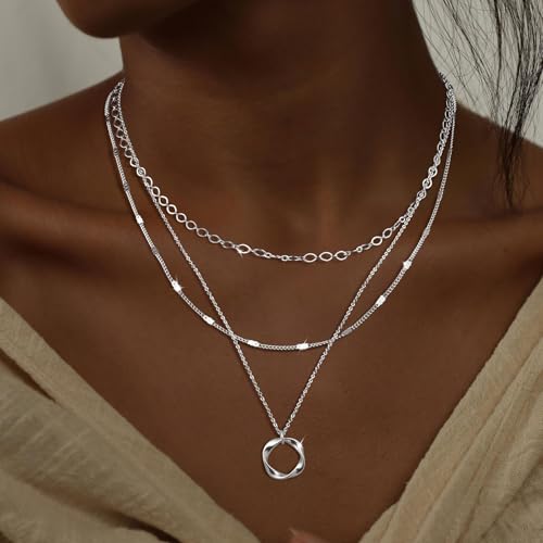 CoguZed Layered Silver Plated Necklaces for Women, Trendy Triple Strand Stackable Choker with Twisted Circle Pendant, Chain Fashion Jewelry Gift