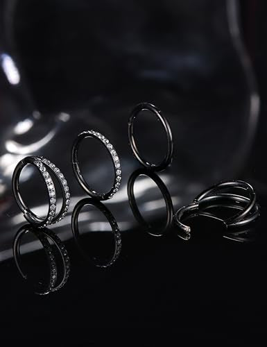 Dochais 4PCS 18G Nose Rings Hoops, Surgical Steel Earrings Tragus Septum Piercing CZ Clicker Ring, Hinged Segment Conch Lip Cartilage Double Hoops 8mm 10mm for Women Men - color: Black, size: 16G(1.2mm),10mm
