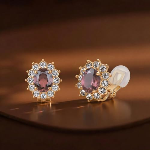 EVEVIC Oval Austrian Crystal Halo Clip On Earrings for Women | Oval Austrian Crystal with Zircon Halo,14K Gold-Plated,Silicone Comfort Pad,Gift Box Included,For Daily and Evening Events - color: Antique Pink