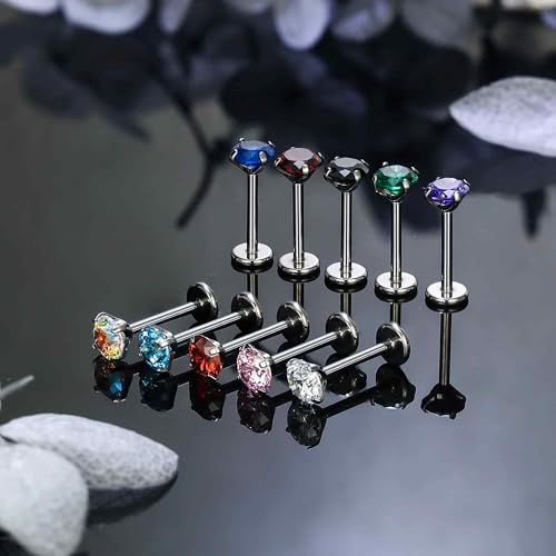 Titanium Flat Back Lip Rings Threadless Push in Earrings Studs Nose Rings 20G 18G 16G Mix Colors CZ Tragus Cartilage Lobe Rook Helix Conch Labret Medusa Nostril Piercing Jewelry for Women Men - size: 18G 8mm - 4mm CZ