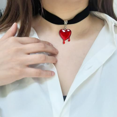 TKHLT Dropping Blood Heart Choker Necklace Y2k Black Velvet Red Heart Pendent Choker Vampire Jewelry Gift for Women