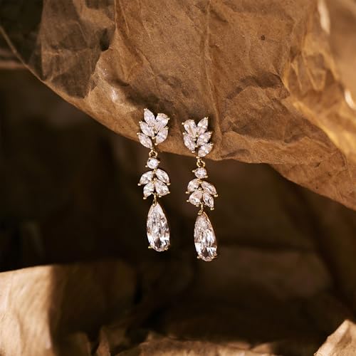 Dangle Drop Earrings for Women Wedding Bridal Rhinestone Long Cubic Zircon Dangling Crystal Chandelier Sparkly 14K Gold Plated Dainty Trendy Jewelry Gifts - color: Gold-Leaf Drop