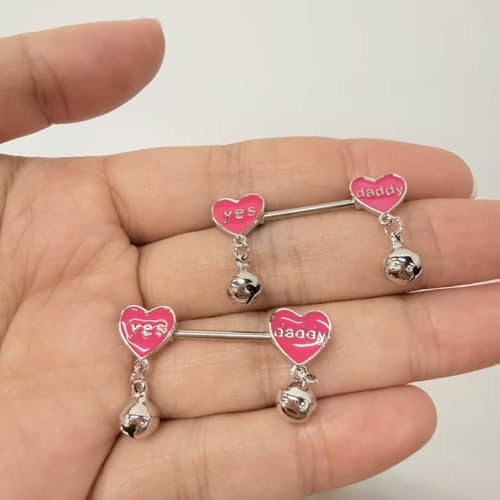 14G Pink Heart Nipple Rings with Jingle Bell Dangle Charm, Yes Daddy Letter Nipplerings Nipple Shield Barbell Piercing Stainless Steel Body Piercing Jewelry