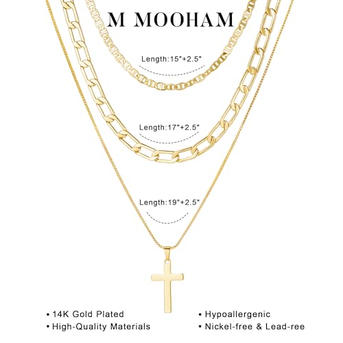 M MOOHAM Layered Gold Necklaces Stack for Women No Tarnish | 14K Gold Plated, Stackable Pendant Necklace Set, Snake Rope Cuban Paperclip Chain, CZ Coin Pendant, Dainty Jewelry Gifts - color: 3 Layered Mirror Cuban Cross Pendant-Gold