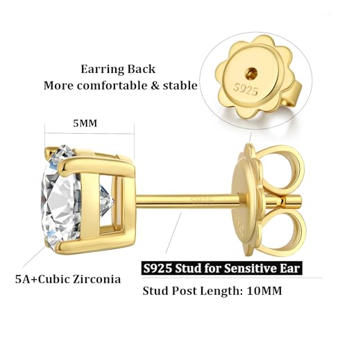 925 Sterling Silver Cubic Zirconia Stud Earrings for Women/Men Hypoallergenic Stud Earrings 4MM-8MM - style: B: Round Stud-Yellow