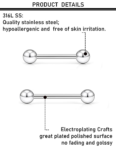 16G 14G 12G Nipple Piercings Tongue Rings Externally/Internally Threaded Hypoallergenic 316L Surgical Steel Nipple Tongue Barbell Piercing Jewelry for Women Men 12mm 14mm 16mm 19mm 22mm - color: 12G/Externally Threaded/10mm-16mm Bars/4mm 5mm 6mm Balls