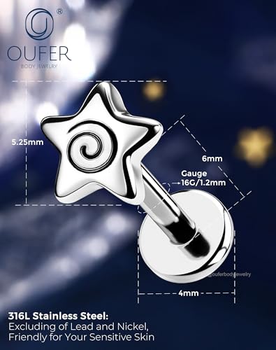 OUFER 16G Spiral Star Internally Threaded Flat Back Helix Stud 316L Surgical Stainless Steel 6mm Cartilage Tragus Nose Conch Daith Medusa Labret Piercing Jewelry for Women Men