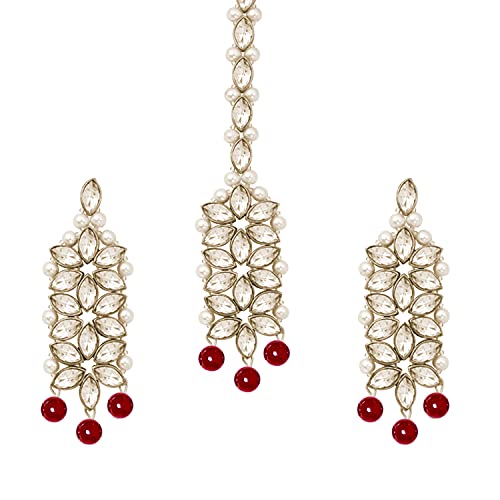Aheli Wedding Party Wear Bridal Jewellery Choker Long Pearl Necklace Earrings Maang Tikka Indian Traditional Set Gift for Women - color: Maroon 3