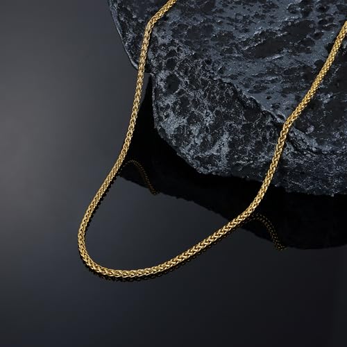 Fiusem Wheat Chains for Men and Women, Silver Tone/Black/14K Gold Plated | 2/2.5/3/4/5mm Stainless Steel Necklace Chain, Mens Necklace Jewelry Gift 16-28 Inch - size: 22 Inches, style: Gold 2.1MM