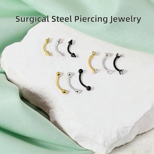 9PCS Gold Eyebrow Piercing Jewelry Titanium, Rook Jewelry Gold Surgical Steel Silver Eyebrow Rings for Women Men CZ Tiny Labret Lip Daith Navel Belly Button Helix Tragus Piercing Jewelry 16G 6mm/8mm/10mm - style: Eyebrow-10mm-9pcs