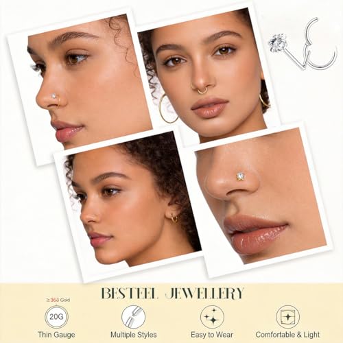 20G Nose Rings Hoops And Studs For Women Men, 12PCS Hypoallergenic Stainless Steel Nose Hoops Dainty Non Tarnish Nose Hoop Set, L Shaped CZ Nose Stud Piercing Jewelry Gold/Sliver - color: 20G-Sliver
