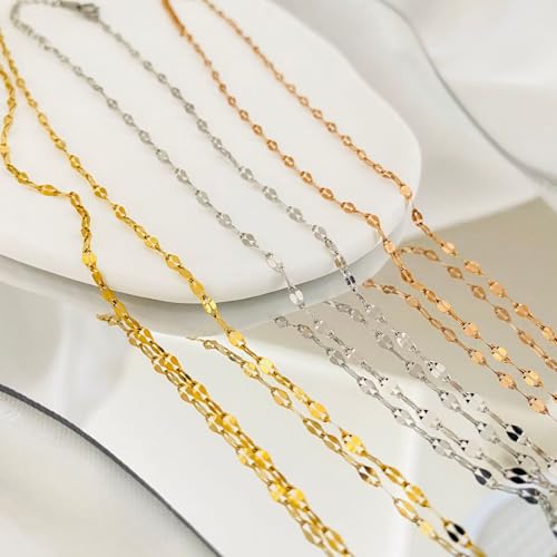 Gold Silver Necklace Chain With Adjustable Lobster Clasp, Diamond Cut Geometric Gold Beads Stationed on Dainty 2mm Cable Box Chain, 16 Inches Rolo Oval Figaro Link Singapore Chain. - color: Silver03