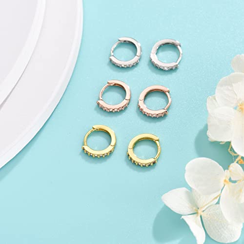 Silver Hoop Earrings for Women, 3 Pairs Small Sterling Silver Huggie Earrings | Tiny Cubic Zirconia Cartilage Cuff Earrings Hoop Piercing Jewellery for Men Teens (8mm/10mm/12mm) - color: 3 Pairs(8mm*3)-Silver/Gold/Rose gold