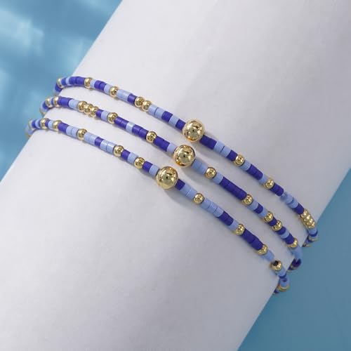 Colorful Gold Beaded Bracelets for Women Boho Tiny Gold Plated Ball Stretch Stackable Small Seed Beads Bracelet Stack Trendy Jewelry Set Dainty Vacation Friendship Christmas Gifts for Women - color: Blue