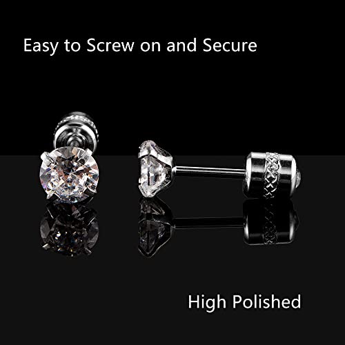 Titanium Surgical Steel CZ Screw Back Stud Earrings Set Hypoallergenic | Cubic Zirconia, Stainless Steel, Mens, Small, Dainty, Silver, Hypoallergenic for Sensitive Ears, Lobe, Cartilage, Helix - color: Round Clear - 3/4/5/6/7mm