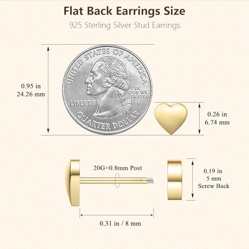 JIAYIQI Minimalist 925 Sterling Silver Stud Earrings Set, 14K Gold Plated Hypoallergenic Tiny Bar Dot Heart Star Studs for Women & Men - style: Gold-Heart-Flatback-1 Pair