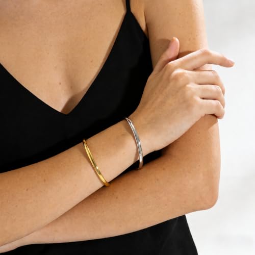 Stainless Steel Cuff Bracelet for Women, Polished Oval Open Bangle Bracelet, Minimalist Jewelry - color: Gold-4mm